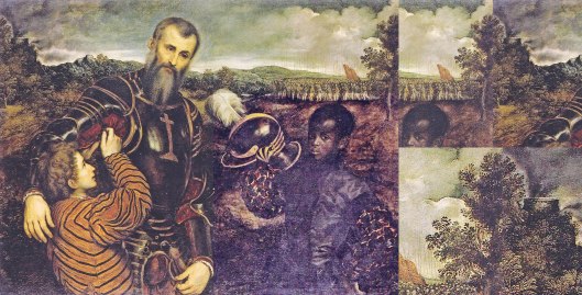 Paris Bordone ‘Man in Armour with Two Pages’ (1543): Joining the far left edge with the far right shows they were painted as one: the tree is seamless.