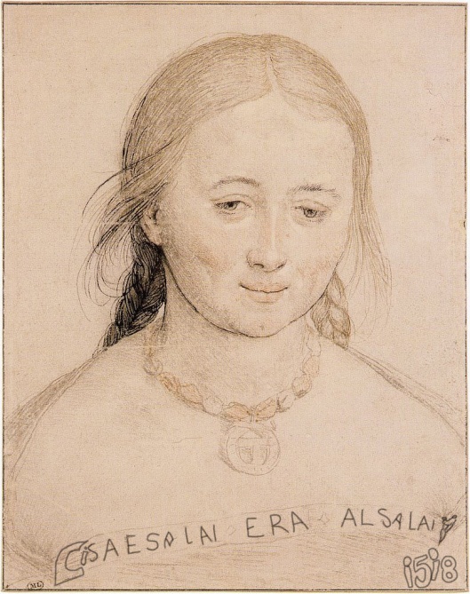 Hans Holbein  ‘Portrait of a Young Woman’  (1518): The text reads ‘Lisa and Salai: it was AlSalai’, a reference to Ali, his former lover.