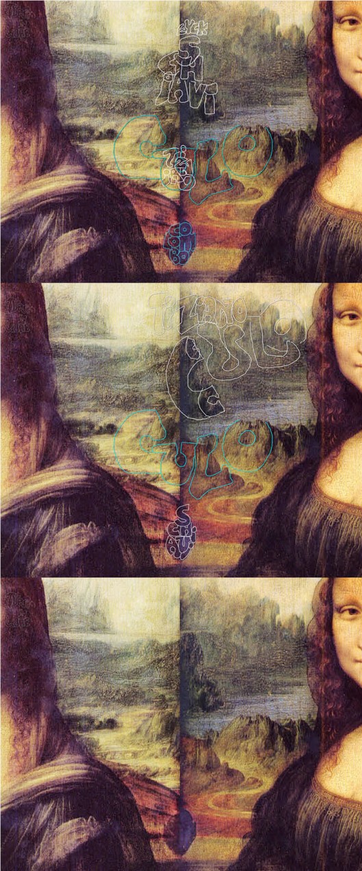 Leonardo da Vinci ‘Mona Lisa’ (1512), opposite sides joined, to reveal another feature. See the huge ‘E’ spanning the gap? It leads to a large ‘Y’, the tail of which winds into a road in the form of a ‘C’, and it spells the Northern European family’s name ‘Eyck’.