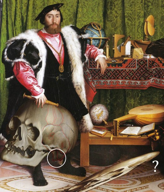 Hans Holbein ‘The Ambassadors’ (1535). The original, distorted skull is in the middle; and another adjusted to the shape of a real skull, is added to the left. The miniscule crucifix extreme top left, peeping out from behind the curtain, says ‘Thomas More’, with the year ‘35’ on its head. 