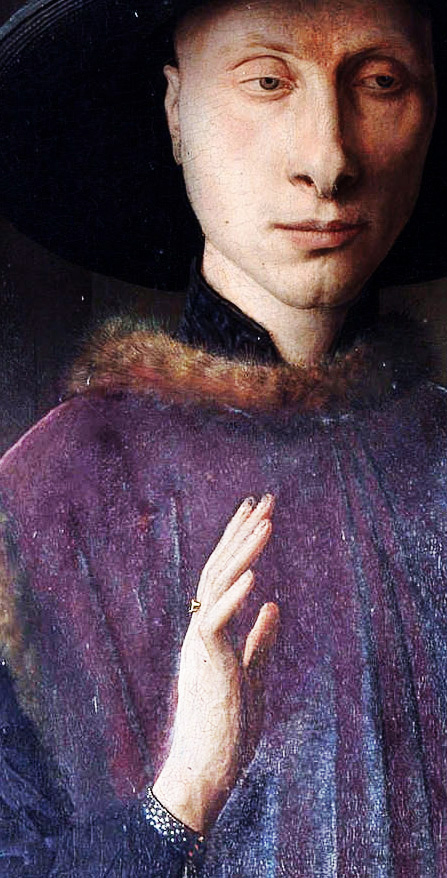 Jan van Eyck ‘Arnolfini Wedding’ detail.  Can you see the ‘V’ for ‘Vendetta’? It is just to the left of his hand, and there is a sword plunged through the middle of it. And if we examine closely we find the name of ‘Antoine’ there, too. And just by way of confirmation, there is another ‘V’ on the bridge of his nose. The Duke had grievously offended Jan, and the artist was out for vengeance.    There was a score that had to be settled. 