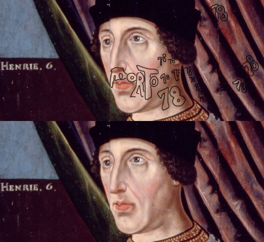 Portrait of King Henry VI, saying he died in 1478, not 1471 as the history books tell us.