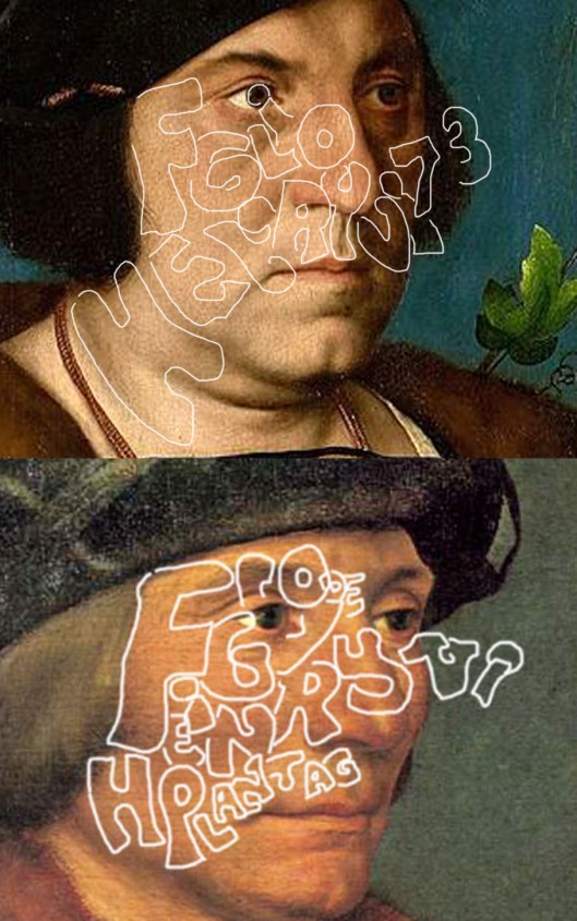 The two Holbein portraits showing the location of hidden text defining the two Princes' father.